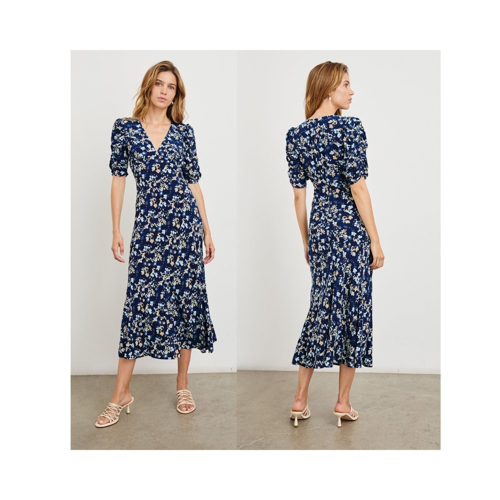 Rails Zariah Midi Dress Navy Floral L Empire Waist Puff Sleeve Heritage Romantic